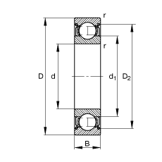 深沟球轴承 61801-2Z, 根据 DIN 625-1 标准的主要尺寸, 两侧间隙密封
