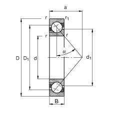 角接触球轴承 7328-B-MP, 根据 DIN 628-1 标准的主要尺寸，接触角 α = 40°