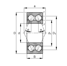 角接触球轴承 3804-B-TVH, 双列，接触角 α = 25°