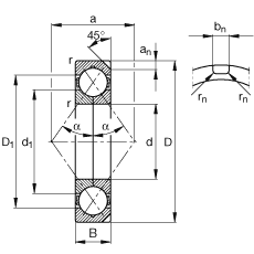 四点接触球轴承 QJ320-N2-MPA, 根据 DIN 628-4 的主要尺寸， 可以拆卸，剖分内圈，带两个止动槽