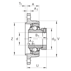 轴承座单元 RCJTZ50, 带两个螺栓孔的法兰的轴承座单元，定心凸出物，铸铁，偏心锁圈，R 型密封
